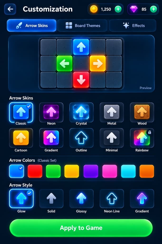 Aroshift customization screen displaying arrow skins, board themes, and particle effects