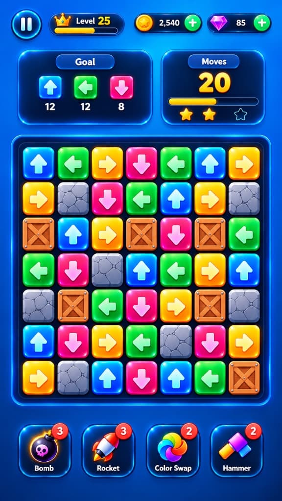 Aroshift in-game arrow puzzle board showing arrows, wooden crates, and powerups