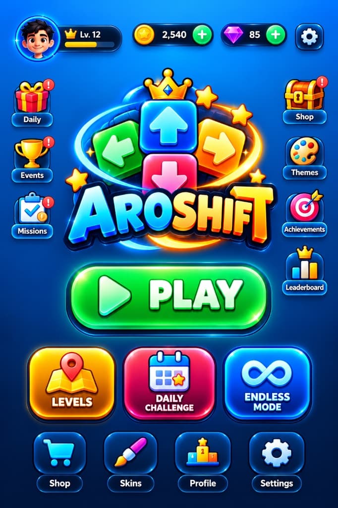 Aroshift main home screen showing 3D Play button and game mode selector