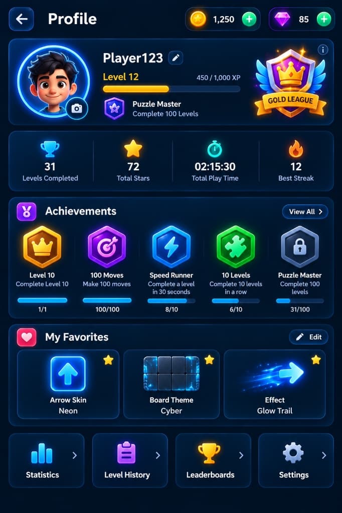 Aroshift profile screen with player stats, XP level, and achievement badges